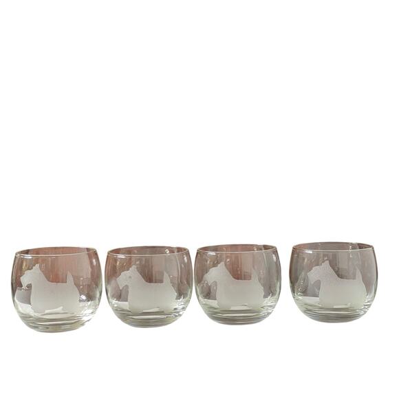 Vintage Etched Scottie Dog Terrier Roly Poly Cocktail Glasses MCM Set of 4 READ - Picture 1 of 12